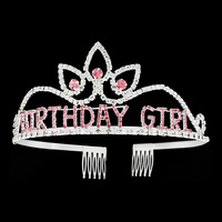 PINK RHINESTONE BDAY BIRTHDAY GIRL CROWN WITH COMB TIARA